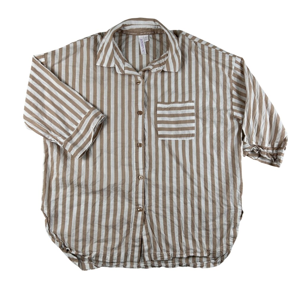 Joyspun Shirt Womens XS Beige Striped Button Up 3/4 Sleeve Relaxed Fit Casual